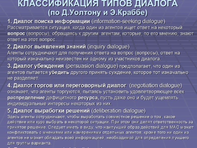 КЛАССИФИКАЦИЯ ТИПОВ ДИАЛОГА  (по Д.Уолтону и Э.Краббе)  1. Диалог поиска информации (information-seeking